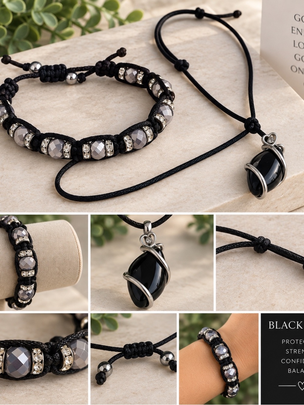 Black Onyx Pendant Necklace & Beaded Bracelet Jewelry Set